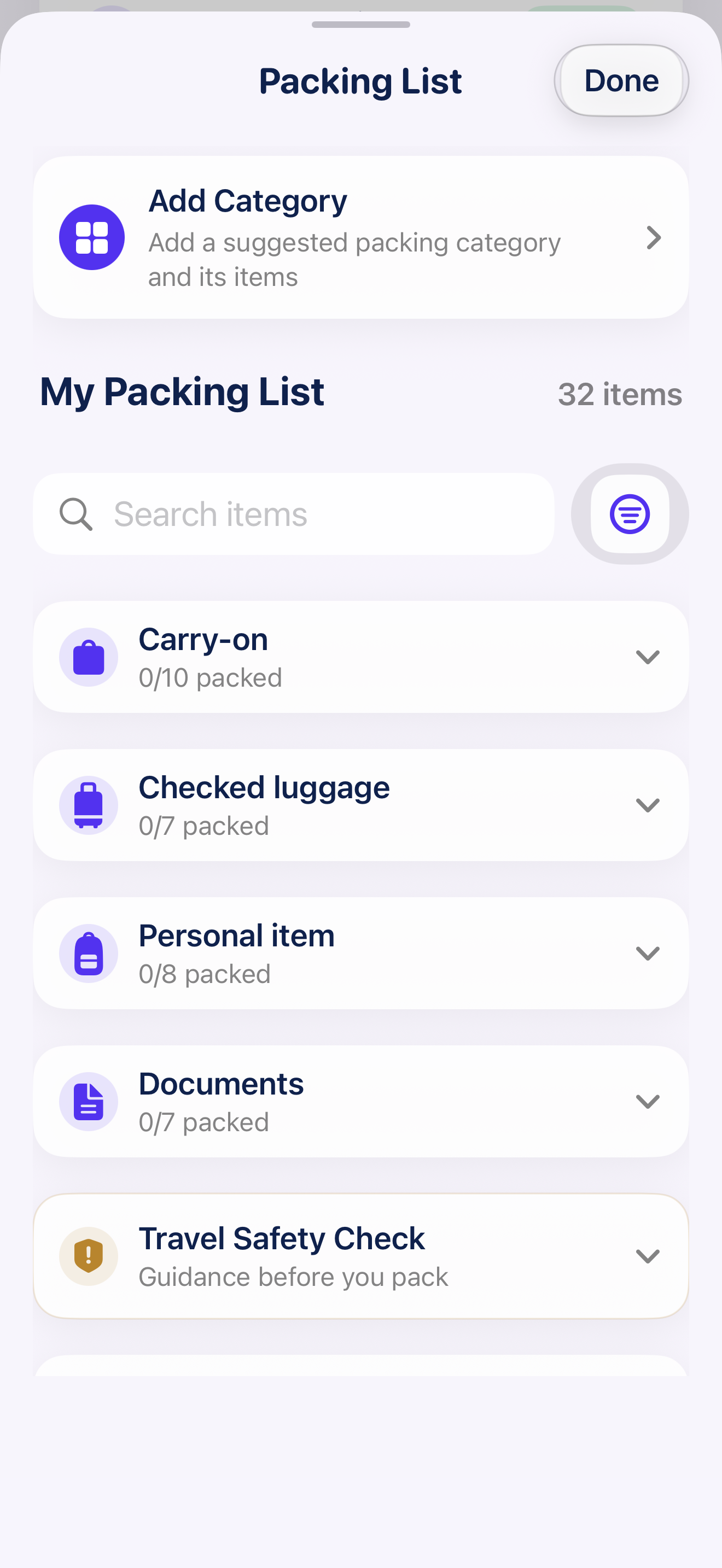 TripsWallet packing list